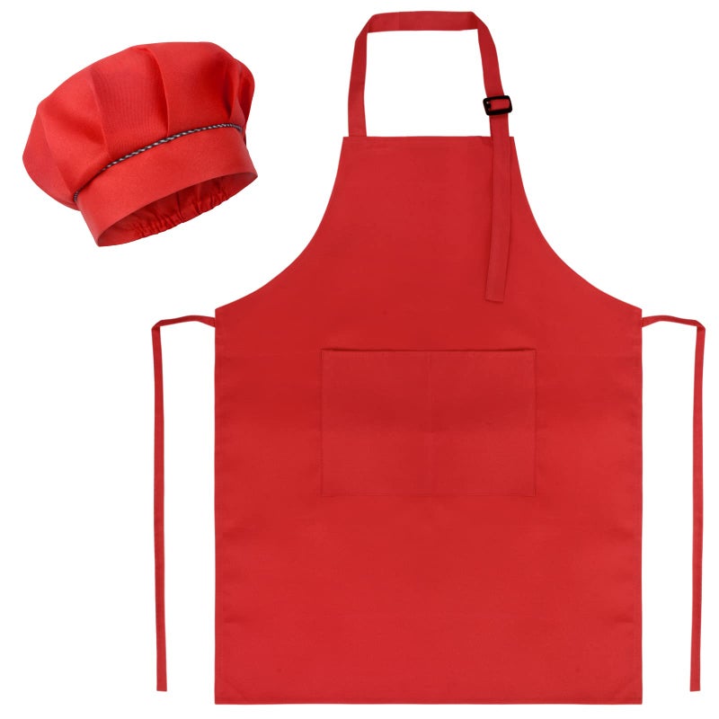 SUNLAND Kids Apron And Hat Set Children Chef Apron For Cooking Baking Painting (Red, S) - Image 1